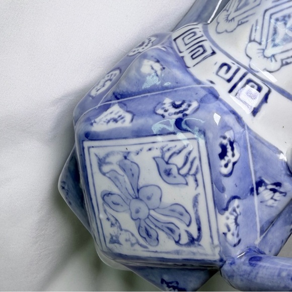 Vintage Chinese Blue White Porcelain Hexagonal Teapot Chinoiserie Collectible - Picture 10 of 15